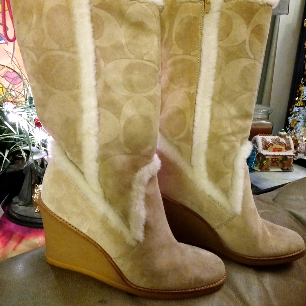 Coach Jordana cream color wedge mid calf boots